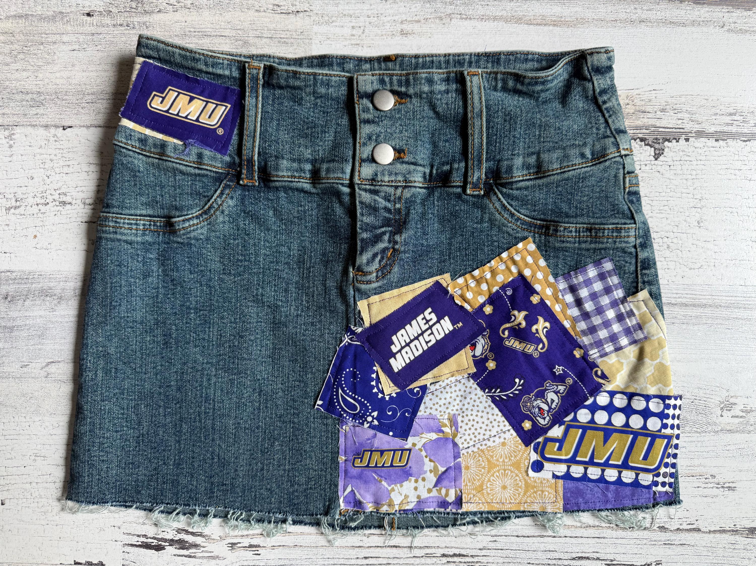 James Madison University JMU Dukes Themed Custom Patch Denim Skirt Ladies Womens ALL sizes Bed Party Tailgate Clothes