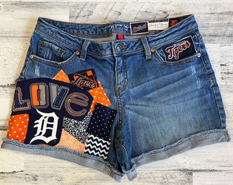 Ready to Ship - Ladies Detroit Tigers Love D patch denim shorts Ladies womens size 8