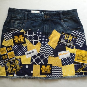 University of Michigan Ladies Women Deco Patch Ladies Custom Denim Skirt sz 0 2 3 4 5 6 7 8 10 12 14 16 18 20 22 24W image 1