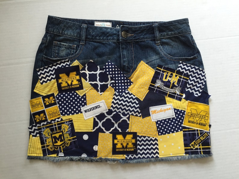 University of Michigan Ladies Women Deco Patch Ladies Custom Denim Skirt sz 0 2 3 4 5 6 7 8 10 12 14 16 18 20 22 24W image 1