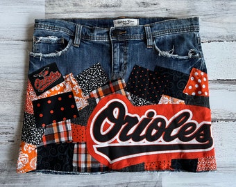 Ready To Ship - Baltimore Orioles Themed Denim Patch Reworked Skirt Womens size 6