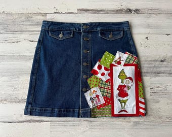 Grinch and Cindy Lou Who Christmas Themed Denim Mixed Pattern Patch Skirt Womens size 12 Ready to ship