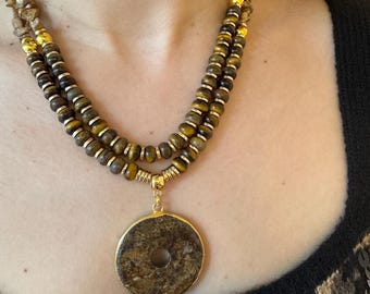 Multistrand Tiger's Eye Jasper Coin Pendant Necklace, Boho Gemstone Jewelry