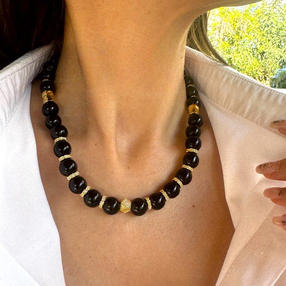 Handmade Beaded Onyx Necklace: Black Gemstone Statement Jewelry