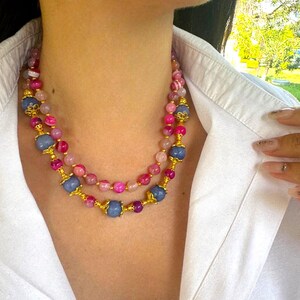 Bold Pink Agate Statement Necklace: Aquamarine & Gold Plated Jewelry
