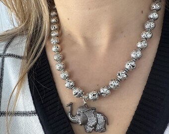 Elephant Necklace, Statement Necklace, Crystal Necklace, Animal Jewelry, Handmade Pendant Necklace