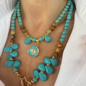 Beaded Turquoise and Jasper Necklace: Gold Plated Chic Summer Jewelry