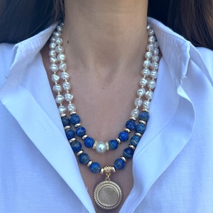 Lapis Lazuli Necklace, Natural Pearl Jewelry, Special Gifts forWomen, Handmade DeepBlue Gemstone Necklace, Gift for,Girlfriends Sisters Day,