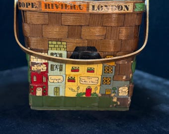 VTG Caro-Nan 1964 Woven Wood Lucky Penny Handpainted Basket Satchel Putse
