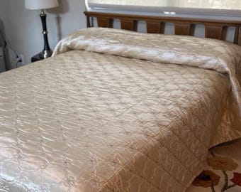 VTG Hollywood Regency Champagne Quilted Queen Size Poly Satin Bedspread with Pillow Tuck