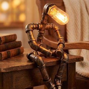 May include: A table lamp constructed from dark metallic industrial pipes, shaped like a seated figure. The lamp features a glowing, elongated Edison-style light bulb as the head, with articulated pipe joints forming the arms and legs.