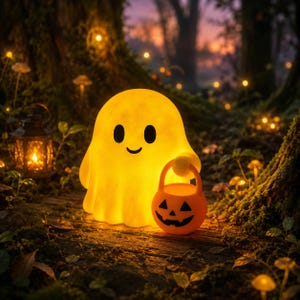Peut inclure: Une lampe jaune lumineuse en forme de fantôme avec un corps lisse et arrondi, deux yeux ovales noirs et un petit sourire courbé. Le fantôme tient dans sa main un petit seau orange en plastique en forme de citrouille avec un visage noir.