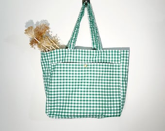 Handmade Green Gingham Tote Bag, Natural Fabric and Vintage Canvas Bag, Reusable & Eco-friendly Everyday Tote