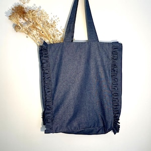 Handmade Minimalist Tote with Ruffles, Denim Fabric and Linen Bag, Reusable & Eco-Conscious Everyday Tote, Gifts for Her
