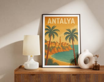 Cartel retro de Antalya Türkiye | Ilustración de ciudad costera con palmeras y casco antiguo | Arte de pared de viaje vintage | Descarga de mural digital
