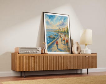 Póster de Kordon Izmir | Arte del paseo del lago en acuarela | Ambiente costero animado | Impresión de arte digital | Descarga digital