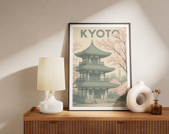 Póster de Kioto, Japón | Templos tradicionales y flores de cerezo en un estilo retro | Arte de pared asiático vintage | Descarga digital | arte japonés