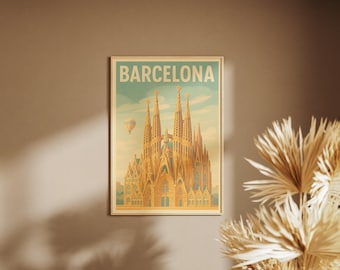 Póster de Barcelona España | Sagrada Familia en estilo viajero retro | Arte de pared de arquitectura vintage | Descarga digital | Arte mural de España
