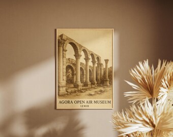 Cartel del Ágora de Izmir | Ruinas antiguas estilo sepia | Impresión de arte histórico Türkiye | Impresión de arte digital | Descarga digital