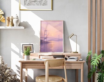 Póster del Puente del Bósforo en Estambul | Arte del atardecer en colores pastel | Impresión digital de un paisaje suave en estilo acuarela.
