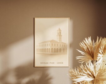Póster del muelle Konak de Izmir | Arte arquitectónico bohemio beige | Mural minimalista | Impresión de arte digital | Descarga digital