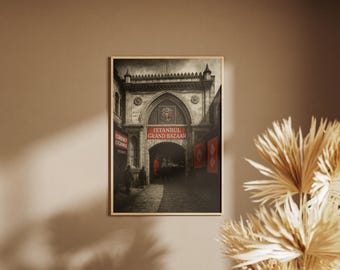 Póster del Gran Bazar de Estambul | Ilustración vintage dramática con efectos rojos | Arte arquitectónico oriental como impresión de arte digital