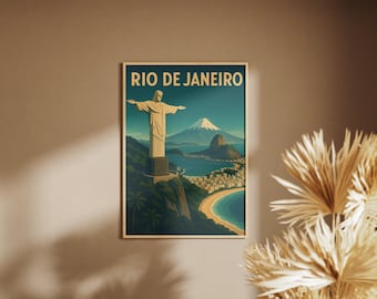 Póster Río de Janeiro Brasil | Cristo Redentor, Pan de Azúcar y Copacabana en estilo de viaje vintage | Arte de pared tropical | Descarga digital
