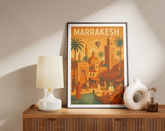 Póster de Marrakech Marruecos | Arte retro oriental con riads y minaretes | Arte de pared de viaje vintage | Impresión de arte digital | Mural de Marruecos