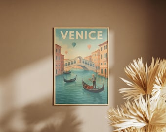 Póster de Venecia Italia | Góndolas y Puente Rialto con un look viajero vintage | Mural retro Venecia | Impresión de arte digital | Arte mural de Italia