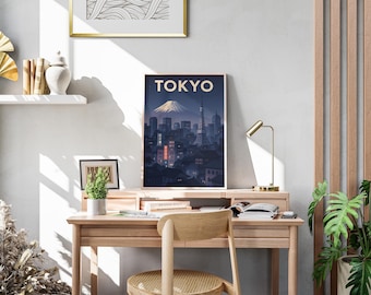 Póster retro de Tokio, Japón | Horizonte, luces de neón y Fuji al fondo | Impresión de arte urbano vintage | Mural digital | Arte mural de Tokio