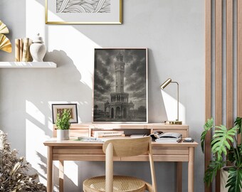Póster de la Torre del Reloj de Izmir | Arte vintage en blanco y negro | Impresión de arquitectura de Turquía | Impresión de arte digital | Descarga digital
