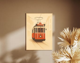 Póster del tranvía de Estambul | Tranvía rojo Taksim en estilo retro | Ilustración de ciudad vintage como impresión de arte digital