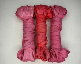 15 yd "Pink Grapefruit" Sari Silk Ribbon 2 Inches wide -Recycled Sari Silk Ribbon 3 color pack 5yards each 15 yards total