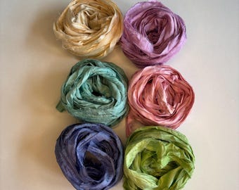 18 yds "PastelPetal" Sari Silk Ribbon Narrow-Recycled Sari Silk Ribbon 6 color pack 3 yards each 18 yards total