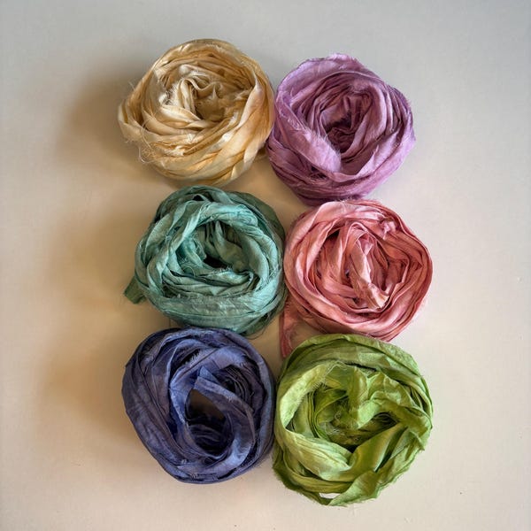 18 yds "PastelPetal" Sari Silk Ribbon Narrow-Recycled Sari Silk Ribbon 6 color pack 3 yards each 18 yards total