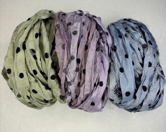 15 yd "Wild Lupine" Dot Sari Silk Ribbon -Recycled Sari Silk Ribbon 3 color pack 5 yards each 15 yards total