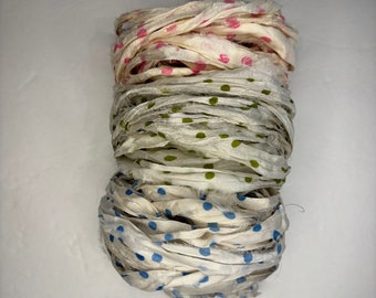15 yd "Spring" Dot Sari Silk Ribbon -Recycled Sari Silk Ribbon 3 color pack 5 yards each 15 yards total