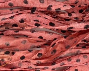10 Yds "Coral Rose" Dot Sari Silk Ribbon  Recycled Sari Silk Ribbon