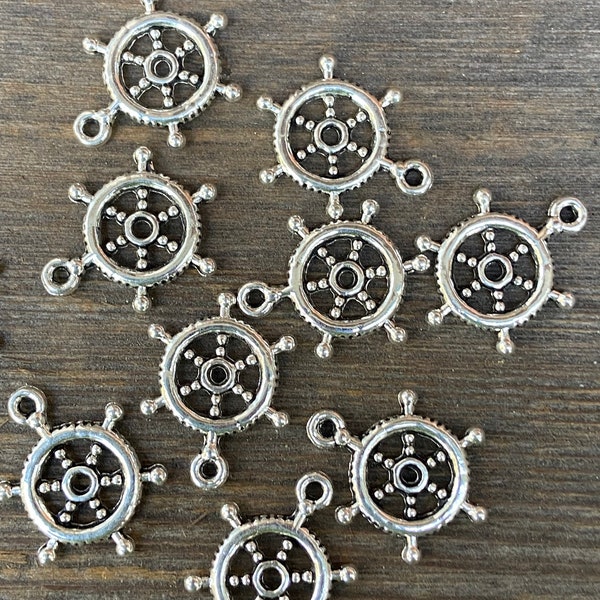 10 Pewter Ship Wheel Charms - Lead Free  Pewter Nautical Charms - Craft Pieces