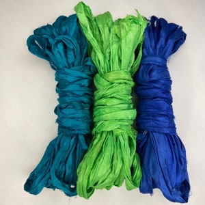 15 yd &quot;Peacock&quot; Sari Silk Ribbon 2 Inches wide -Recycled Sari Silk Ribbon 3 color pack 5 yards each 15 yards total