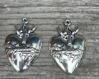 2  Large Pewter Heart Pendents -Sacred Heart Charms antiqued silver tone