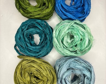 30 yds "Ocean Tide" Narrow Sari Silk Ribbon-Recycled Sari Silk Ribbon 6 color pack 1/2 -1 inch wide sari silk 5 yards each 30 yards total