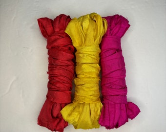 15 yds "Holland" Sari Silk Ribbon 1-1.5 Inches wide -Recycled Sari Silk Ribbon 3 color pack 5 yards each 15 yards