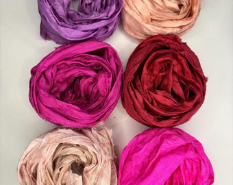 18 yds "Peony Petal" Sari Silk Ribbon Recycled Sari Silk Ribbon 6 color pack 3 yards each 18 yards total