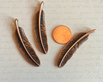3 Pewter Feather Charms / Copper Finished Feather Charms