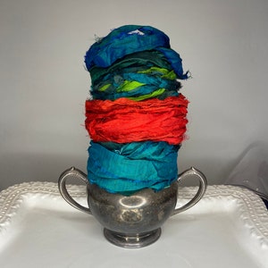24 yd &quot;Holly Berry&quot; THIN  Pre-dyed Sari Silk Ribbon-Recycled Sari Silk Ribbon 3 pack 8 yards each 24 yards total