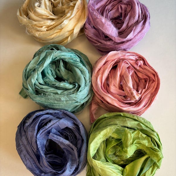 18 yds "PastelPetal" Sari Silk Ribbon Narrow-Recycled Sari Silk Ribbon 6 color pack 3 yards each 18 yards total