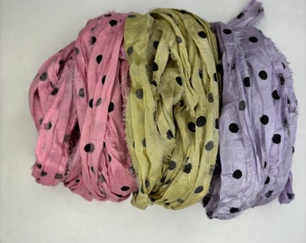 15 yd "Jellybean" Dot Sari Silk Ribbon -Recycled Sari Silk Ribbon 3 color pack 5 yards each 15 yards total