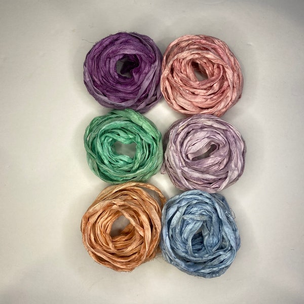 30 yds "Pastel Petal" Narrow Sari Silk Ribbon 1/2 Inch To 1 Inch Wide -Recycled Sari Silk Ribbon 6 color pack 5 yards each 30 yards total