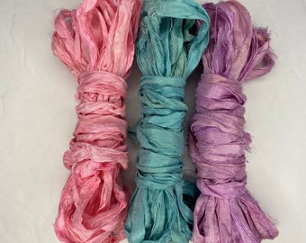 15yd "Princess" Sari Silk Ribbon Narrow 1/2 inch to 1 inch wide -Recycled Sari Silk Ribbon 3 color pack 5 yards each 15 yards total